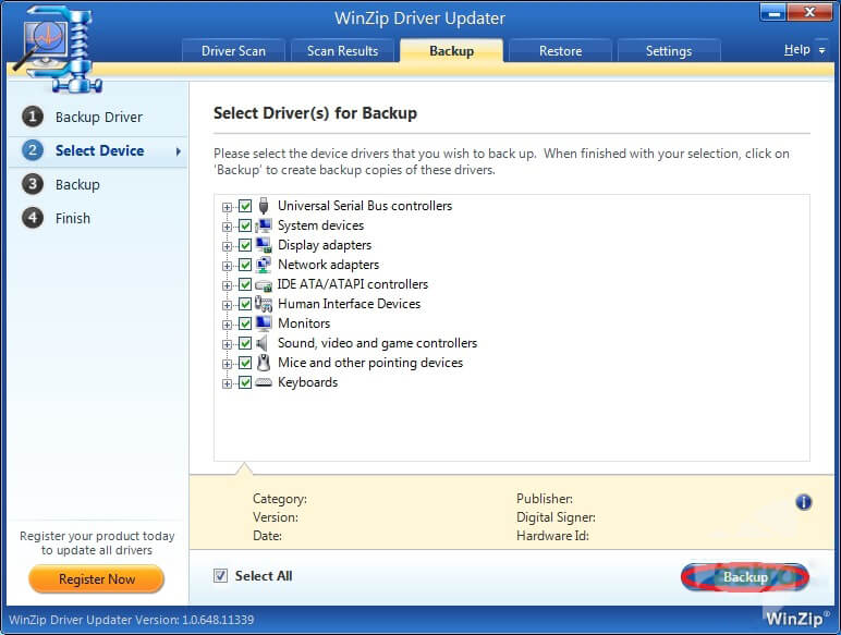 Ventana principal de WinZip Driver Updater