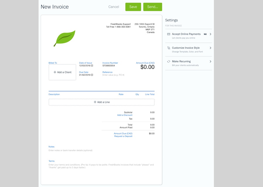 FreshBooks le ofrece plantillas de facturas personalizadas y profesionales de forma gratuita.