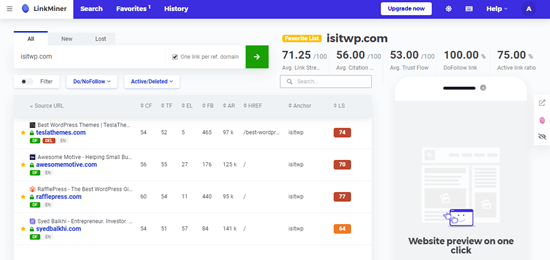 La lista de favoritos en LinkMiner