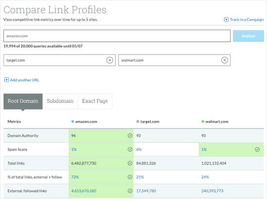 Comparación de perfiles de backlinks con Moz