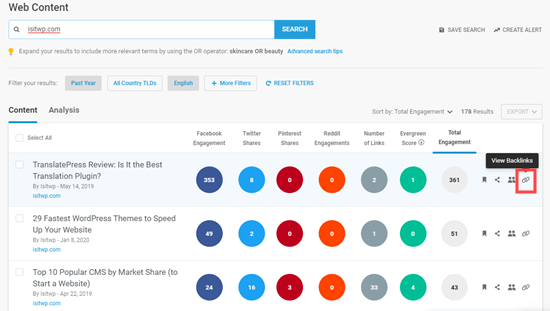 Comprobación de los detalles de los backlinks en Buzzsumo