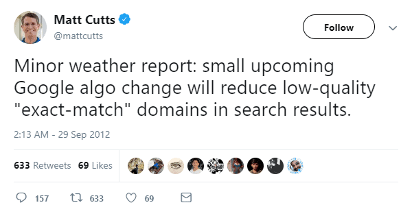 Tweet de Matt Cutts sobre la actualización de Google EMD