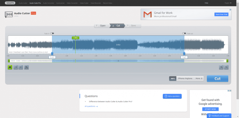 Audio Cutter Pro es un sencillo editor de audio en línea y cortador de mp3