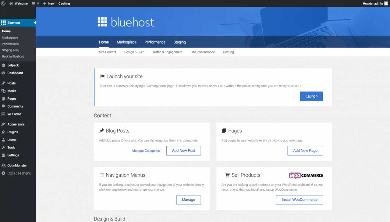 Panel de WordPress de Bluehost