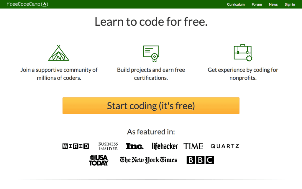 página de inicio de freeCodeCamp