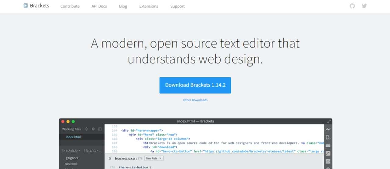 El sitio web para el editor HTML de Brackets.