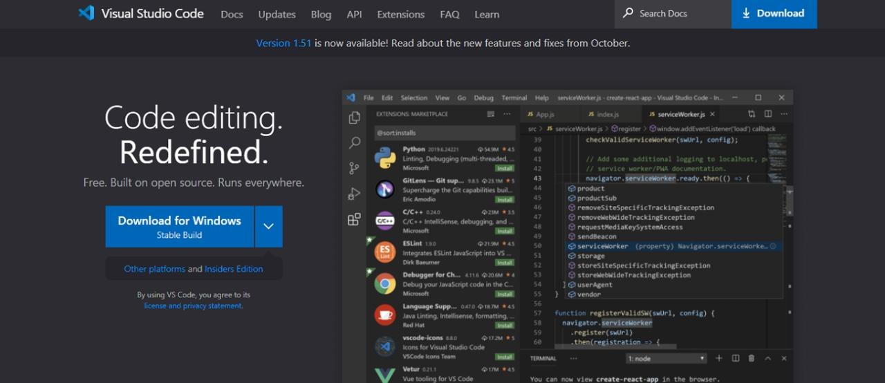 El sitio web para el editor de texto HTML de Visual Studio Code.