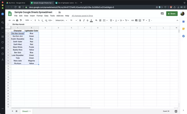 Una hoja de cálculo de Google Sheets de muestra
