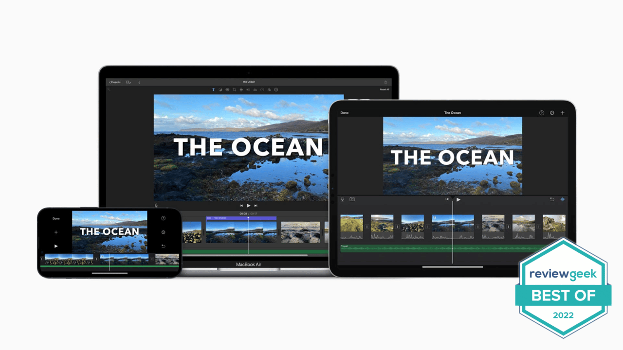 La aplicación iMovie se abre en un iPhone, un iMac y un iPad.