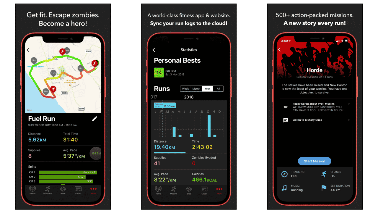 La aplicación Zombies, ¡corre! muestra diferentes opciones de carrera, récords y nuevas historias