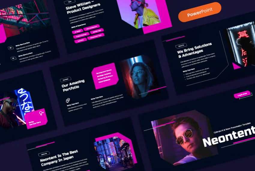 Neontent es una plantilla PowerPoint premium de Envato Elements que tiene un fondo oscuro con colores de neón.