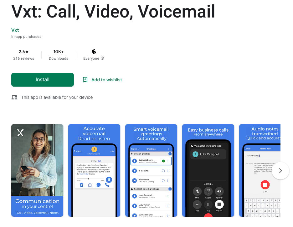 Vxt:Llamada, Vídeo, Buzón de Voz - Google Play Page