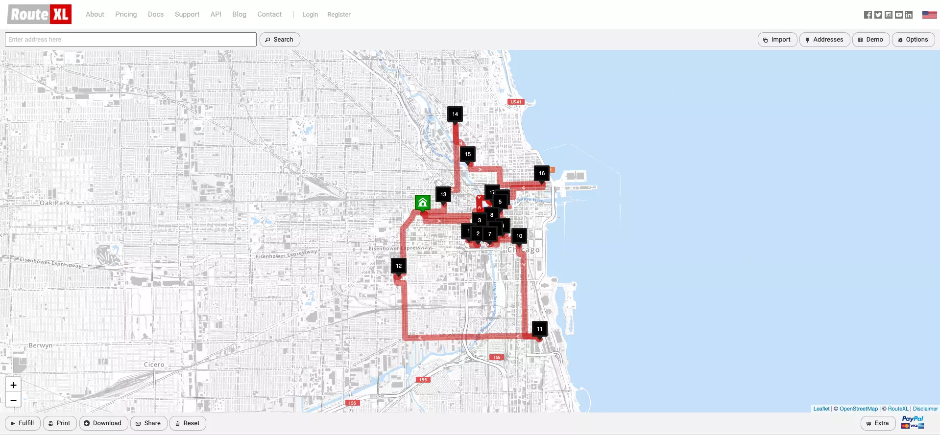 Captura de pantalla de una ruta RouteLX por Chicago