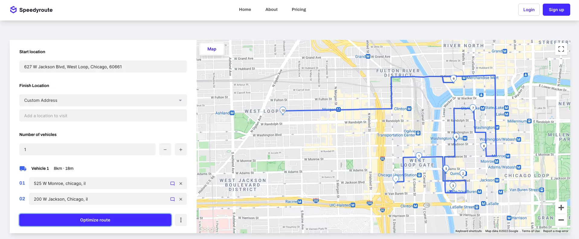 Captura de pantalla de Speedyroute mostrando una ruta alrededor de Chicago.