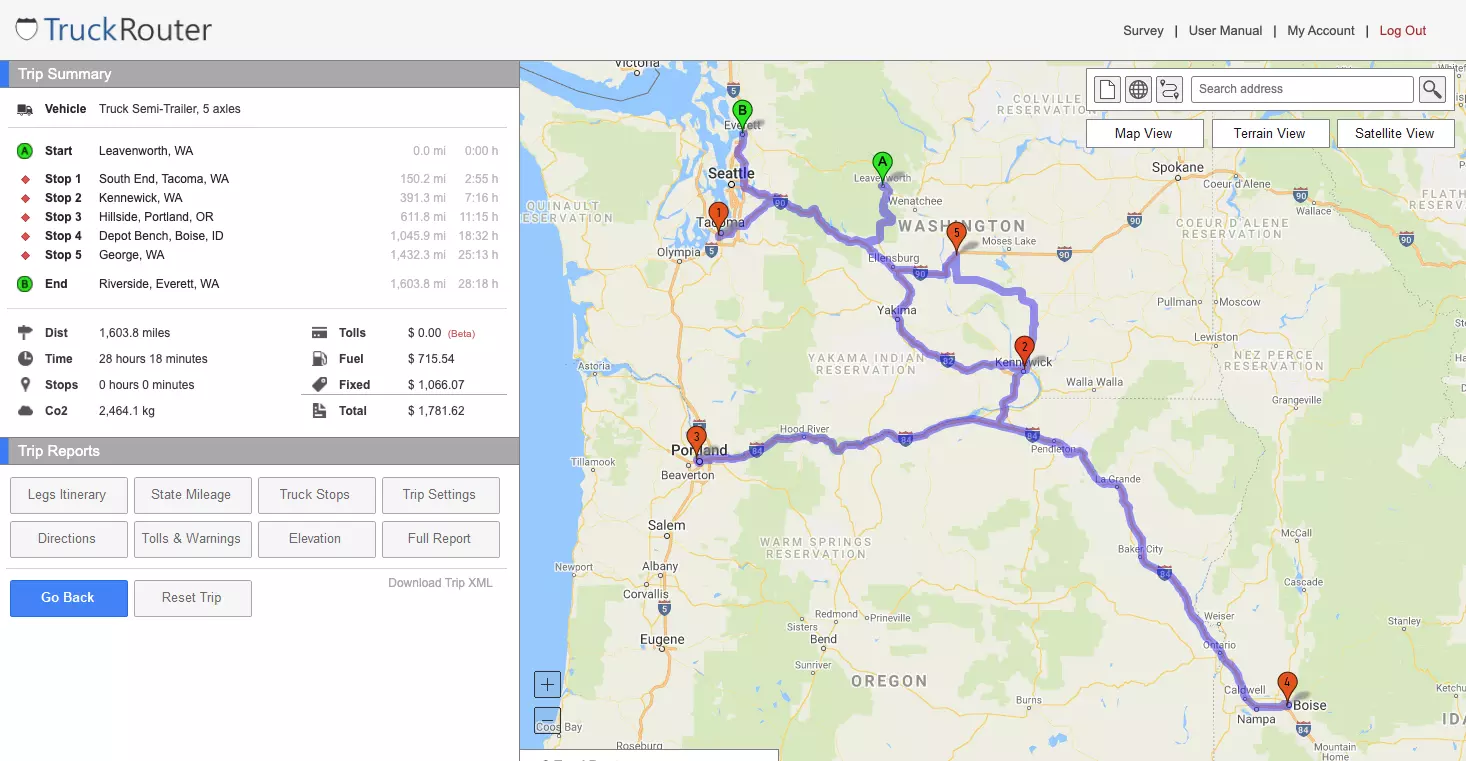 Captura de pantalla de TruckRouter que muestra un plan de ruta de larga distancia en el oeste de Estados Unidos. Boise, Idaho, está abajo a la derecha y Seattle, Washington, arriba a la izquierda. 
