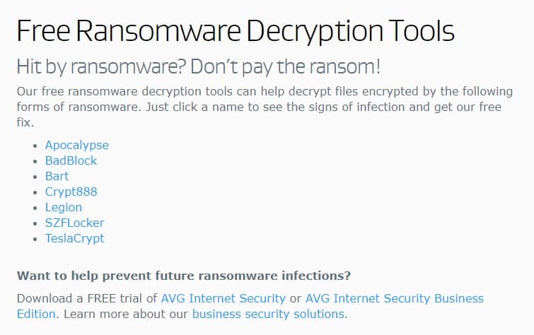 Herramientas de descifrado del ransomware de AVG